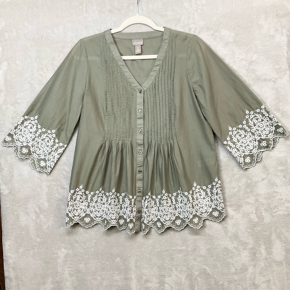 Chico's Olive Green Blouse with White Lace Trim